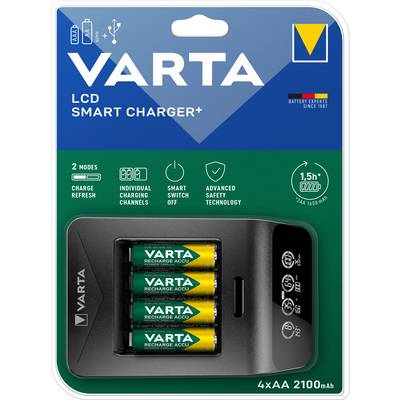 In the image is a VARTA LCD Smart Charger+, including four AA rechargeable batteries. The packaging emphasises rapid charging and intelligent cut-off.