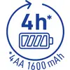 '4h*' with a battery icon underneath, encircled by an arrow. Text at bottom reads '*4AA 1600 mAh', indicating battery duration and type.
