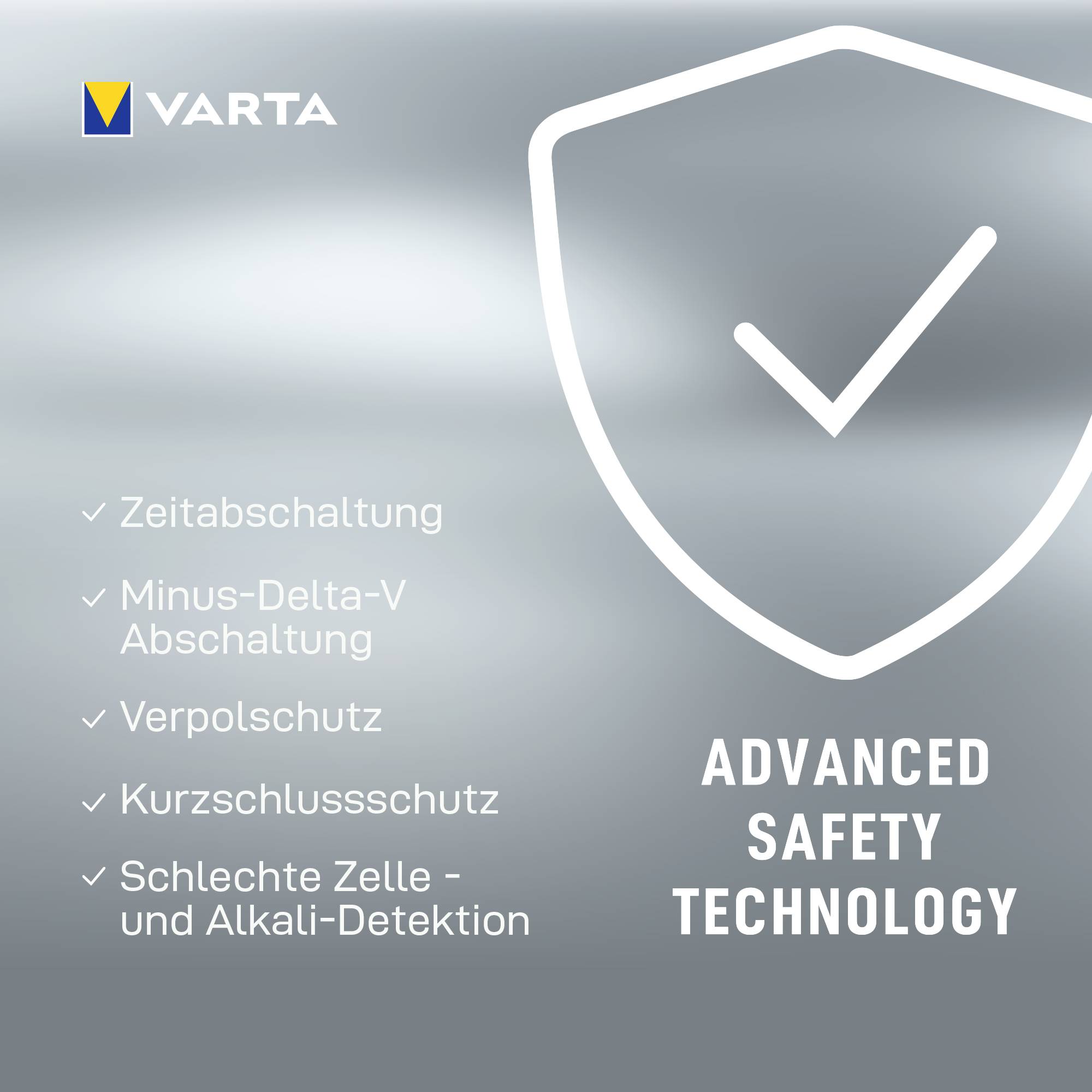 A large tick symbol with text 'Advanced Safety Technology'. On the left, a list of safety features: Time Cut-off, Minus Delta V Cut-off, Reverse Polarity Protection, Lockout Protection, Alkaline Cell Detection.