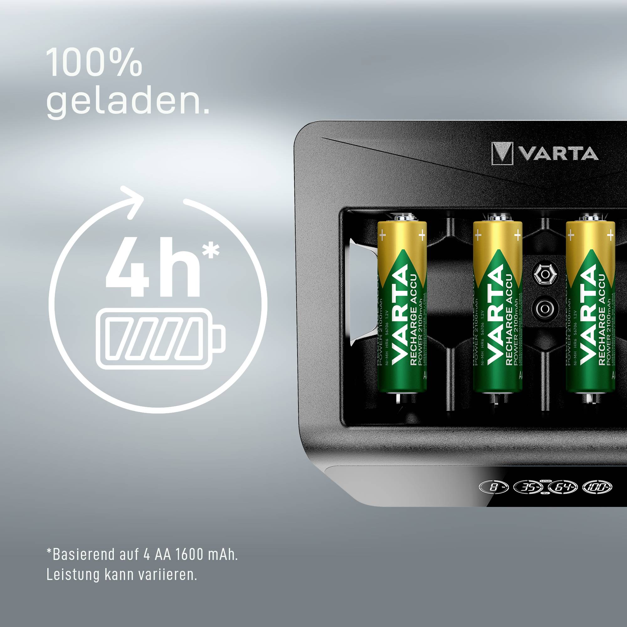 Varta battery charger with four batteries inserted, next to a battery symbol with an arrow and '4h*' indicating full charge in four hours.