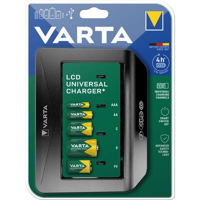 The image shows a Varta LCD Universal Charger+ in packaging, featuring slots for charging AA, AAA, C, D, and 9V batteries.