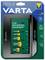 The image shows a Varta LCD Universal Charger+ in packaging, featuring slots for charging AA, AAA, C, D, and 9V batteries.