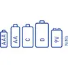 Illustration of five battery types (AAA, AA, C, D, 9V) in increasing size, labeled 'NiMh', showing battery charge levels.