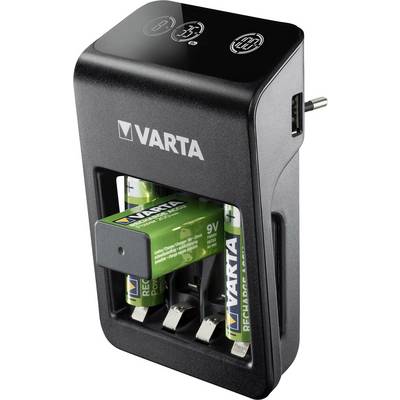 A black VARTA charger with rechargeable batteries of various sizes inserted, including a 9V battery.