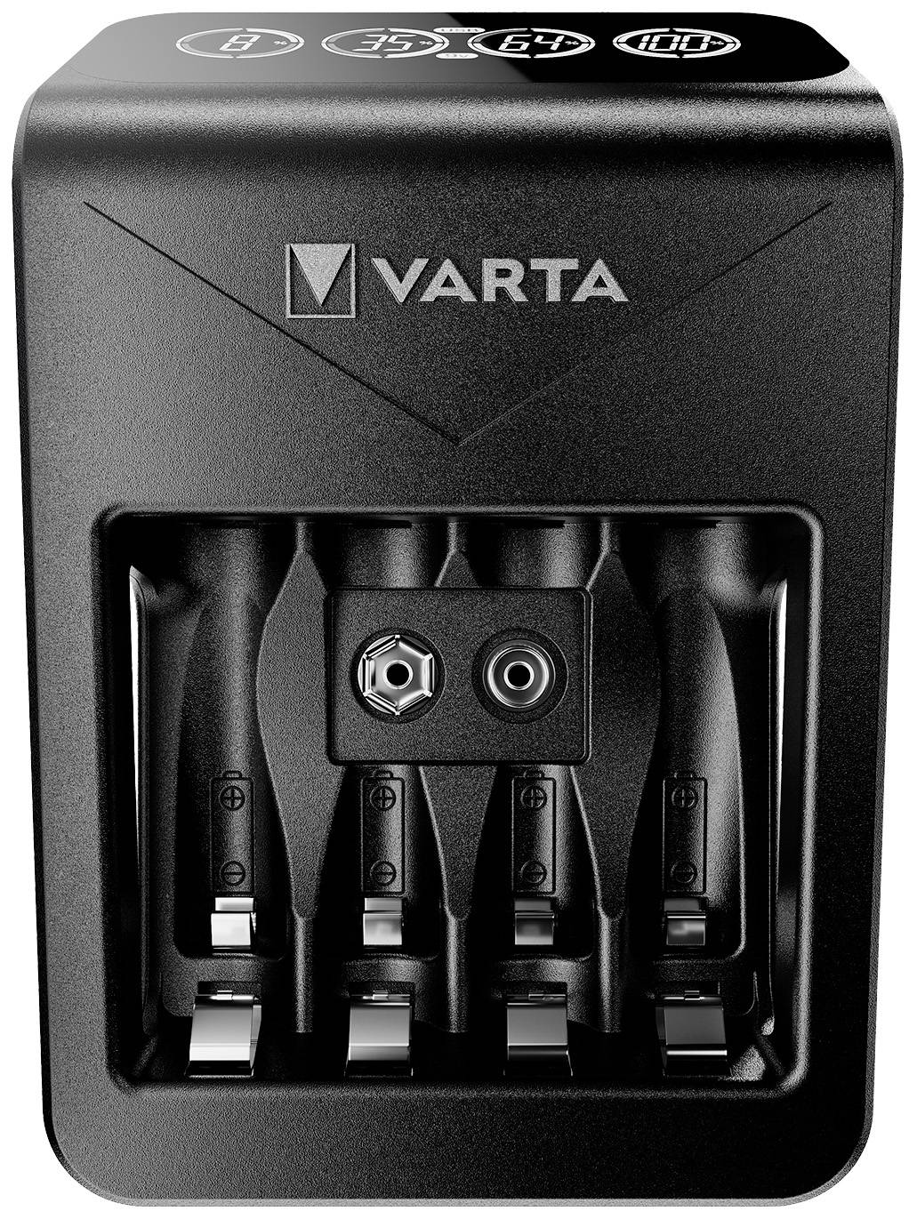 VARTA battery charger with four charging slots, suitable for AA and AAA batteries, black housing, power connection at the top.