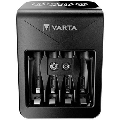 VARTA battery charger with four charging slots, suitable for AA and AAA batteries, black housing, power connection at the top.