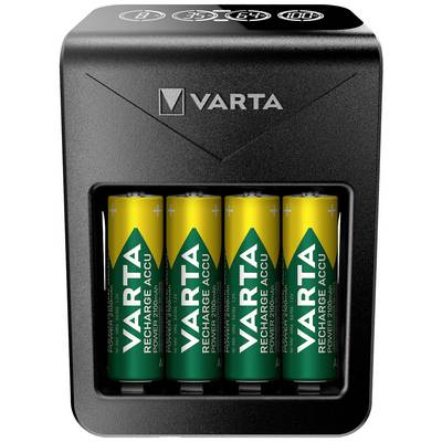 A battery charger from VARTA with four charged green batteries, each labelled 'VARTA Recharge Accu'.