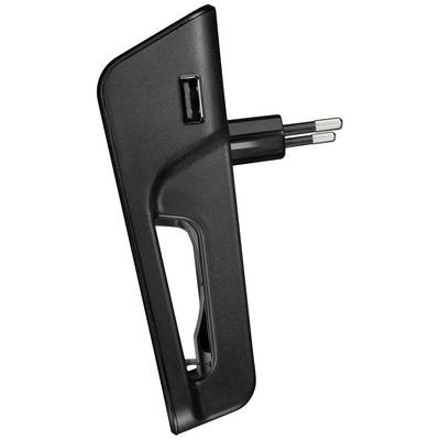 A black plug adapter with USB ports and a handle, shown from the side.