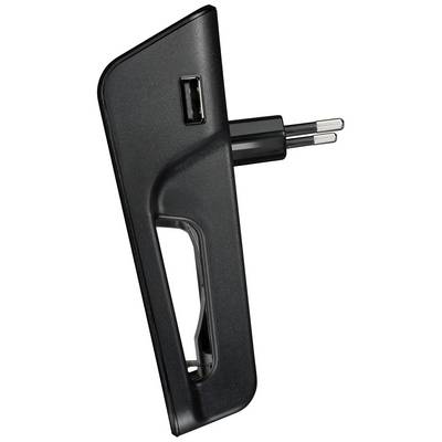 Black electronic device with integrated EU plug and USB port, viewed from the side, on a white background.