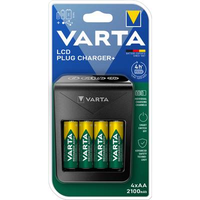 'VARTA LCD Plug Charger+' Battery Charger with four rechargeable AA batteries, 2100 mAh. Packaging shows charger and batteries.