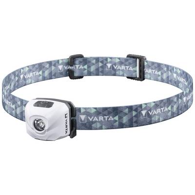 Head torch with a white casing, black button and VARTA logo on the blue band with a green pattern.