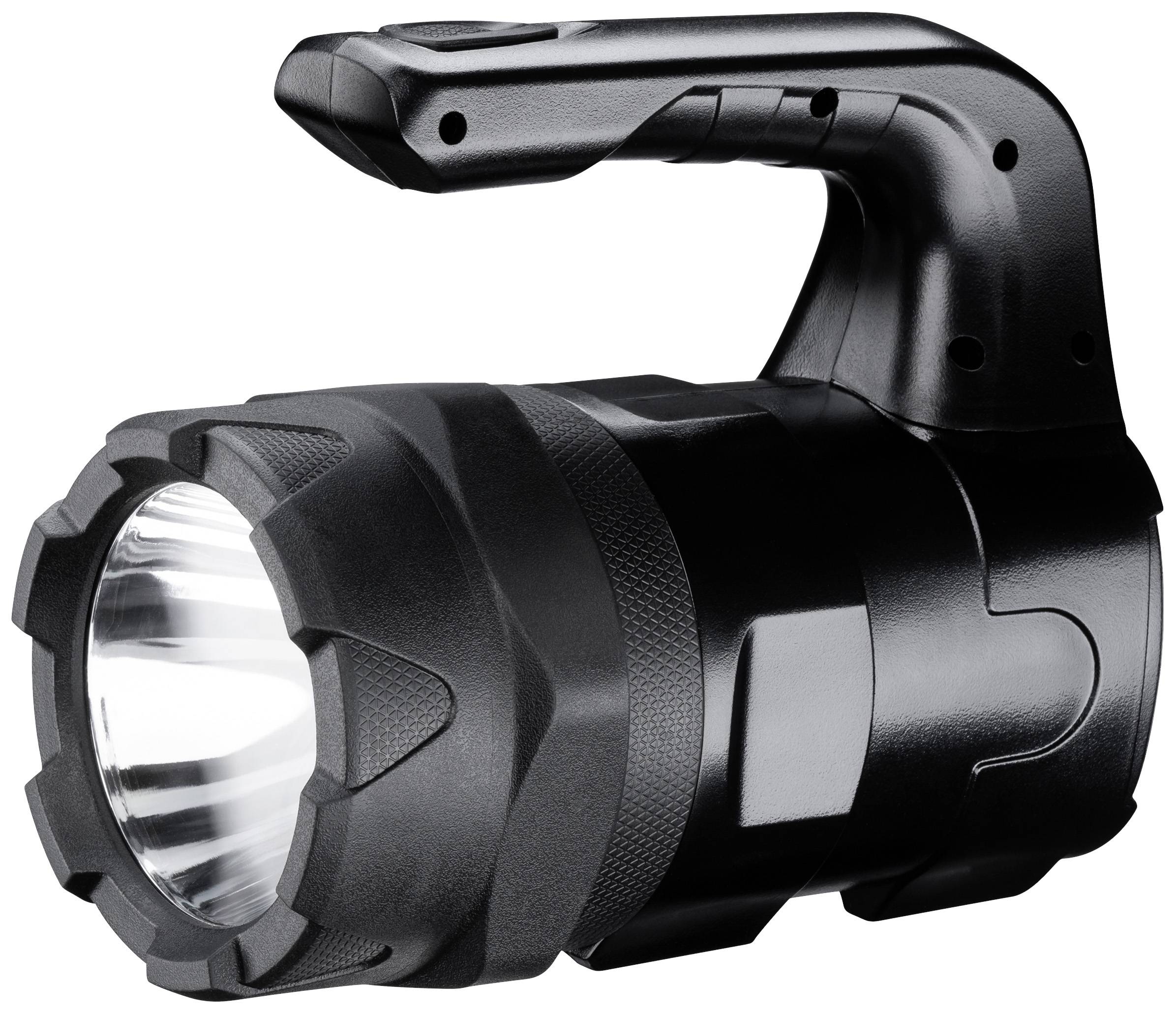 Black, robust torch with an ergonomic handle. Suitable for outdoor activities and emergencies due to its powerful illumination.