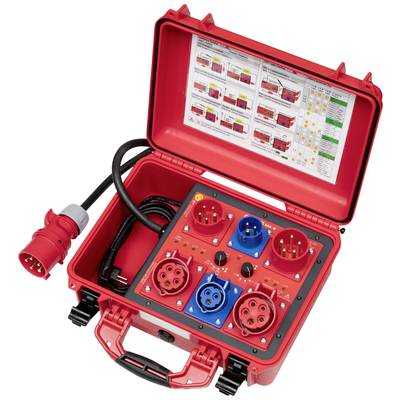 Red portable distribution box with various sockets and connection cables. Open lid reveals usage instructions.