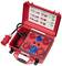 Red portable distribution box with various sockets and connection cables. Open lid reveals usage instructions.