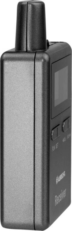 Black portable radio receiver with short antenna attachment and digital display.