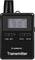 A black transmitter with a display and buttons for function, settings, and volume. Displays channel number and battery status.