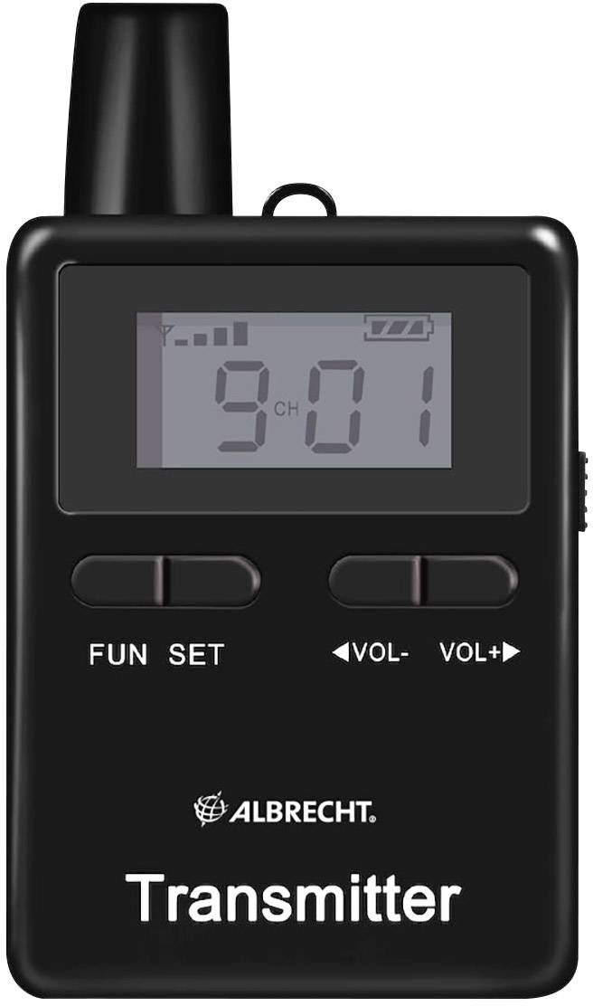 Small black radio transmitter with digital display, showing channel '9' and battery indicator. Two volume buttons and a power switch below.