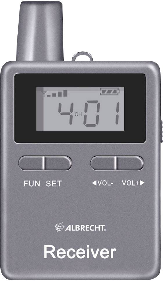 Portable radio receiver in silver colour, displaying '4CH' on the screen. Front panel contains buttons for 'FUN', 'SET', 'VOL-' and 'VOL+'.