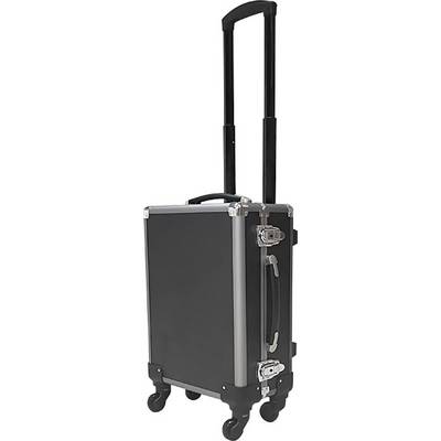 Black rolling suitcase with telescopic handle and silver metal corners, standing on four wheels.