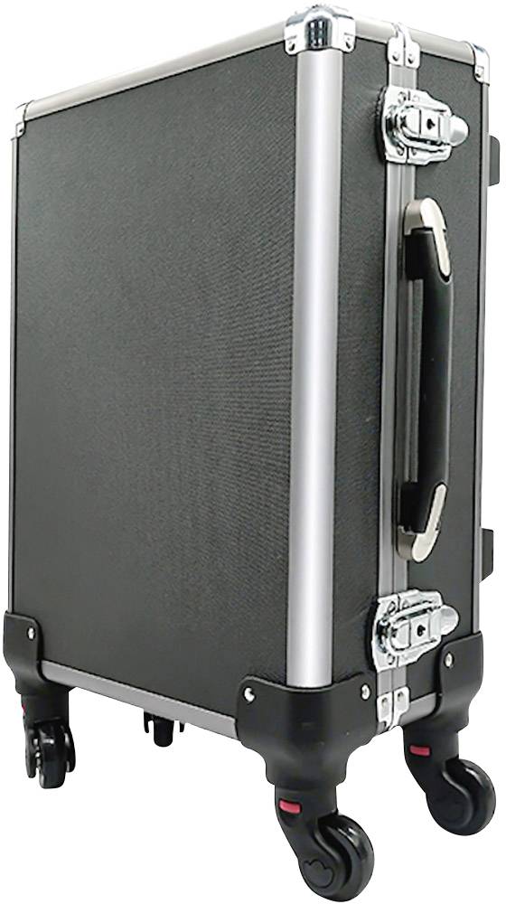 Black rolling suitcase with silver edges, sturdy handle, and four wheels. Suitable for securely transporting equipment.