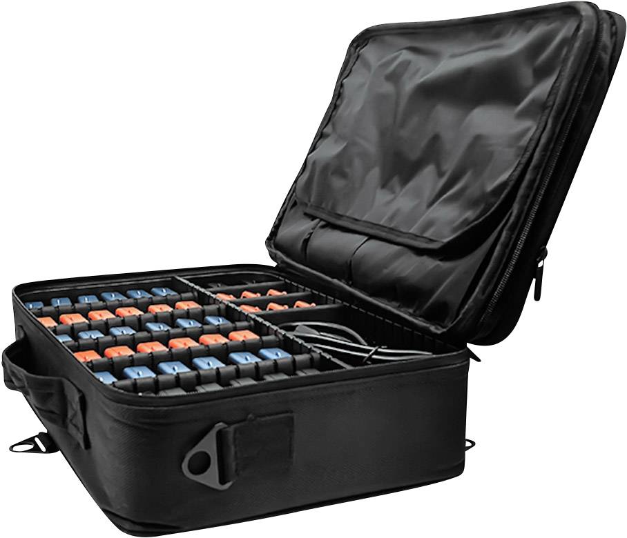 Black suitcase with an open lid, containing multiple rows of coloured plugs, arranged in an orderly configuration.