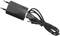 Black network charger with European plug, connected to a black cable leading to a small adapter.