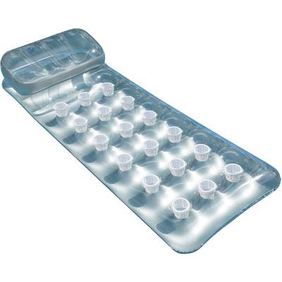 Inflatable air mattress with integrated cup holders in two rows. Perfect for pool parties or relaxing in the water.
