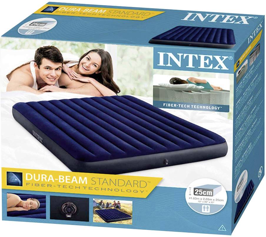 'Packaging image of an Intex air mattress with Dura-Beam technology. Shows a relaxed woman on top and mattress with blue surface.'