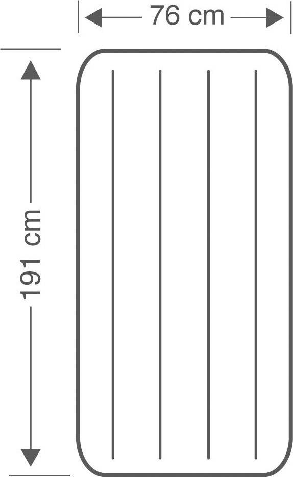 Dimensions of a rectangular mattress: 76 cm width and 191 cm length, with rounded corners and parallel lines indicating structure.