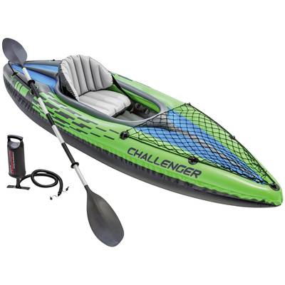 Green and blue inflatable kayak with a double paddle and a pump beside it.