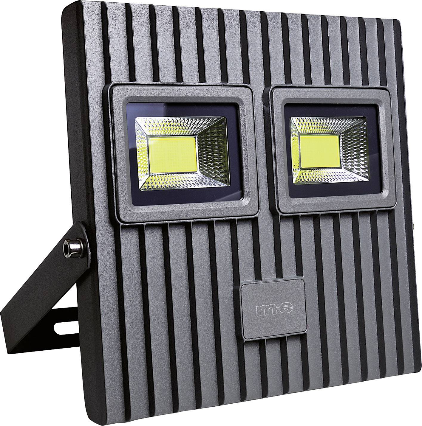 Two rectangular LED floodlights in a robust, ribbed, grey housing. A mounting bracket is located on the underside.
