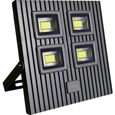 Black LED floodlight with four square illumination surfaces, mounted on a stand, suitable for outdoor lighting.