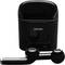 Black wireless earbuds with charging case by the brand 'Denver'. One earbud is positioned in front of the closed case.