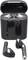 Black wireless earbuds in an open charging case, with two earbuds placed in front of it.