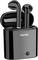 Black wireless earbuds in a charging case with 'Denver' written on the front. A single button at the bottom.