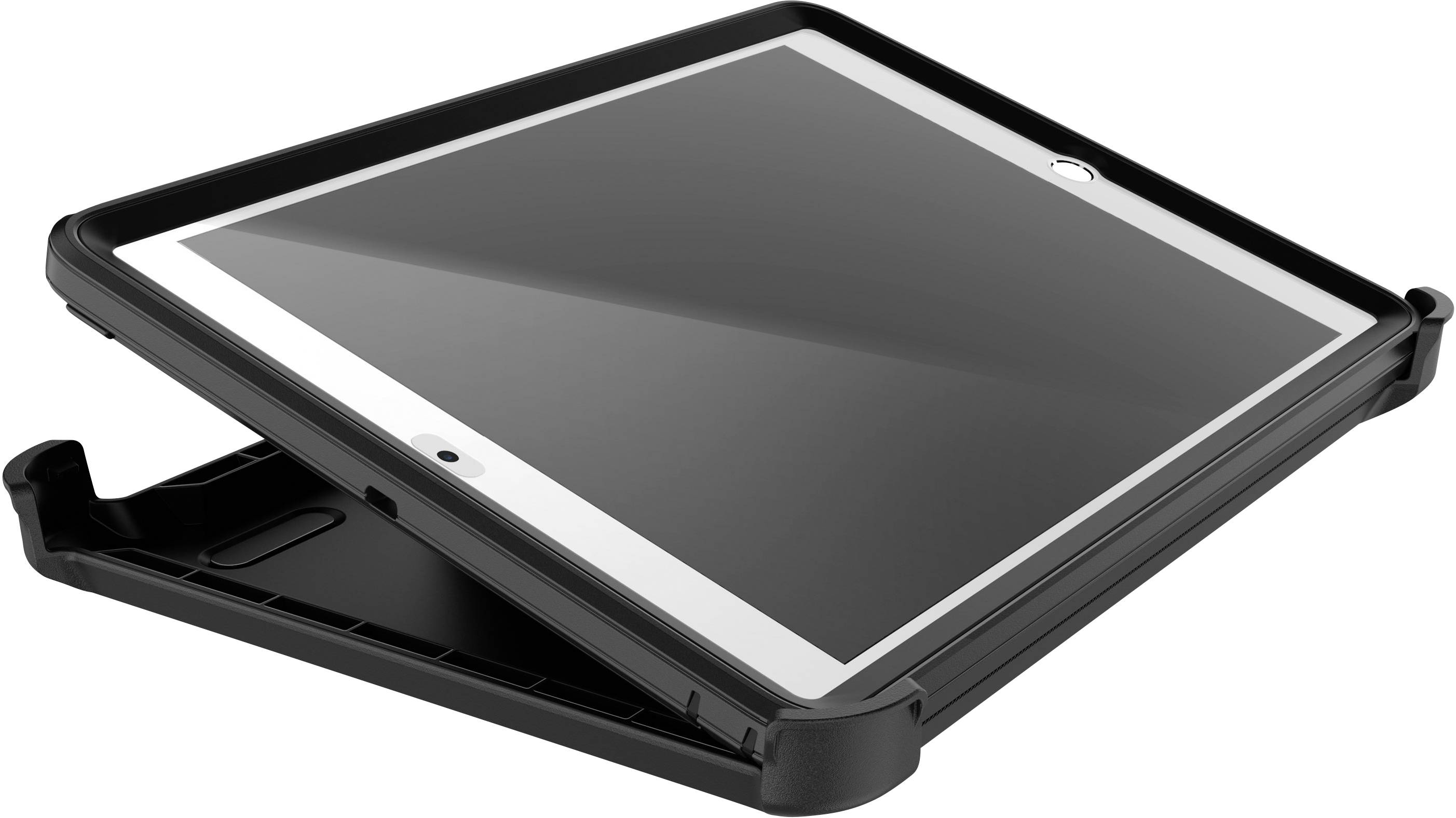 Tablet with a black protective case, slightly opened, revealing its screen and slim design.
