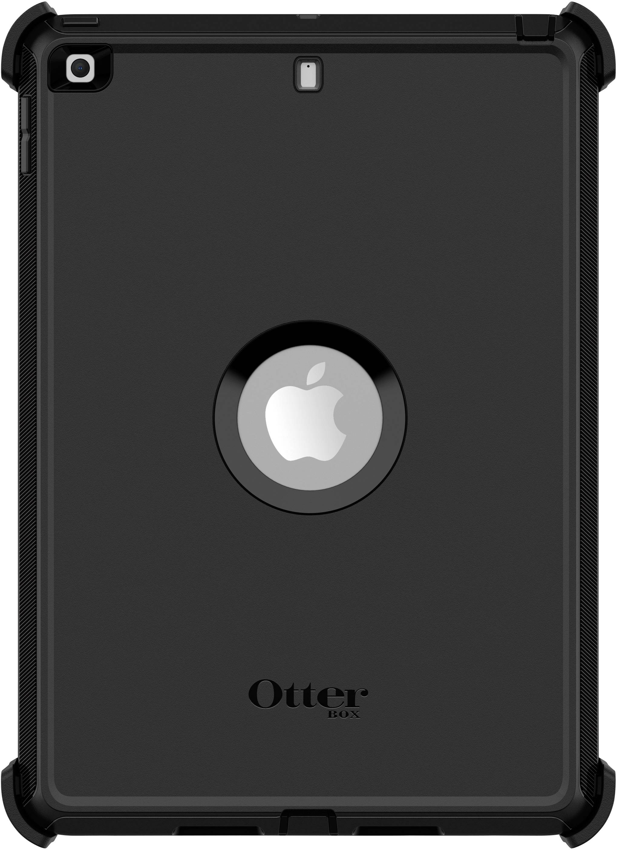A black tablet case with a round cut-out revealing an apple logo. Brand name 'Otter' at the bottom of the back.