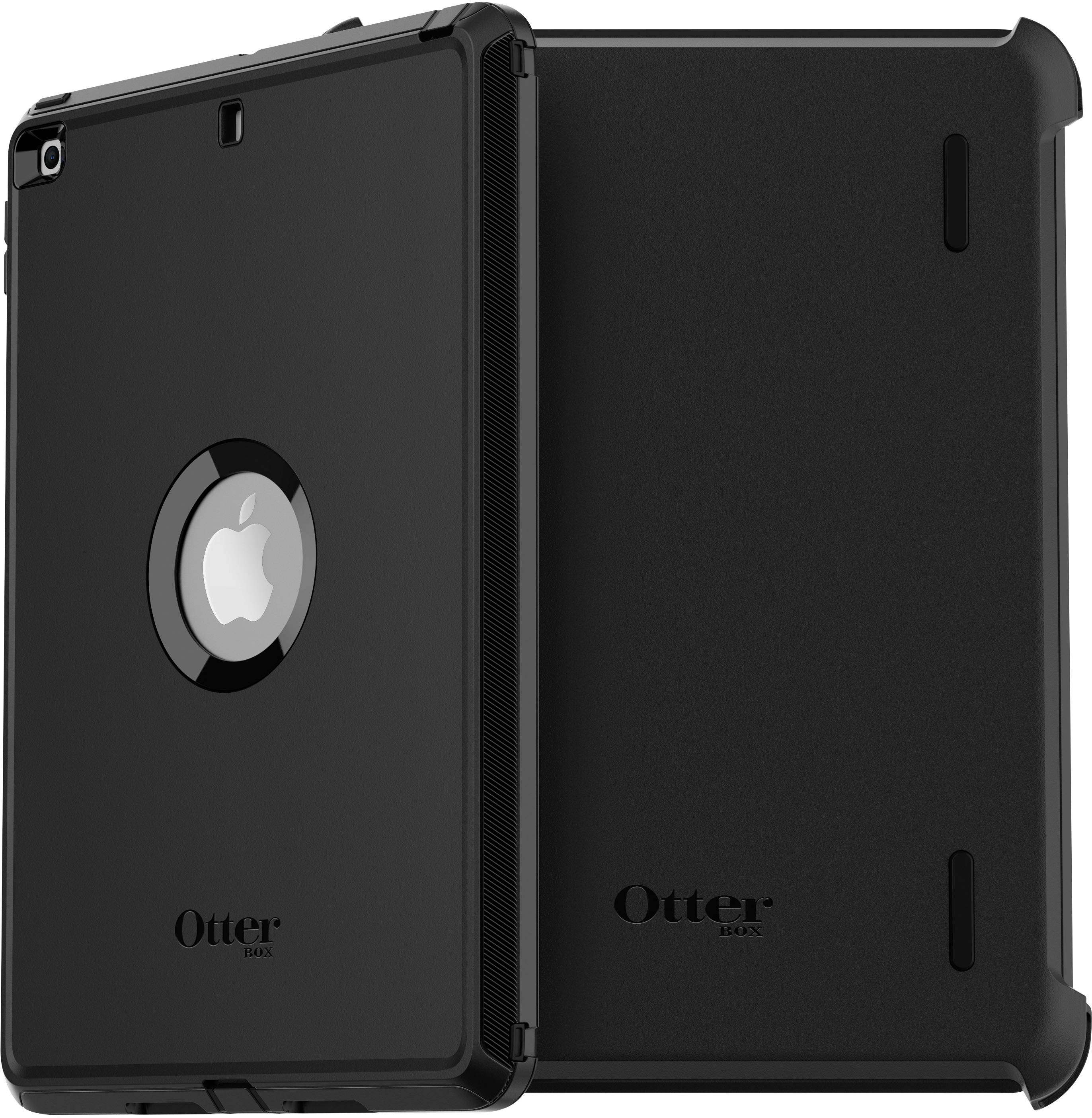A black iPad case by Otterbox with robust protective design, showing the back of the device. The Apple logo is visible.