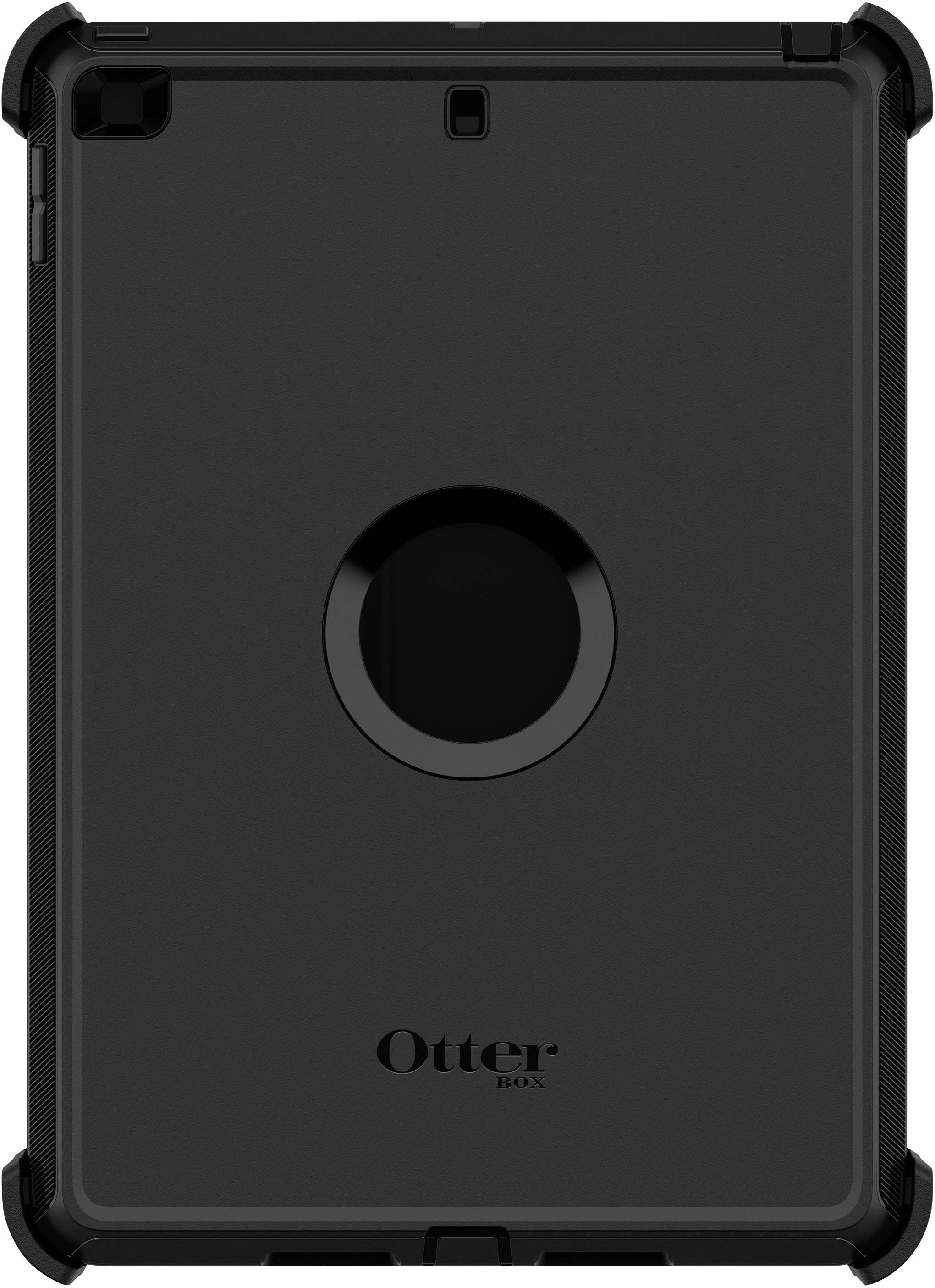 Black hard plastic Otterbox tablet case with a circular cutout in the centre.