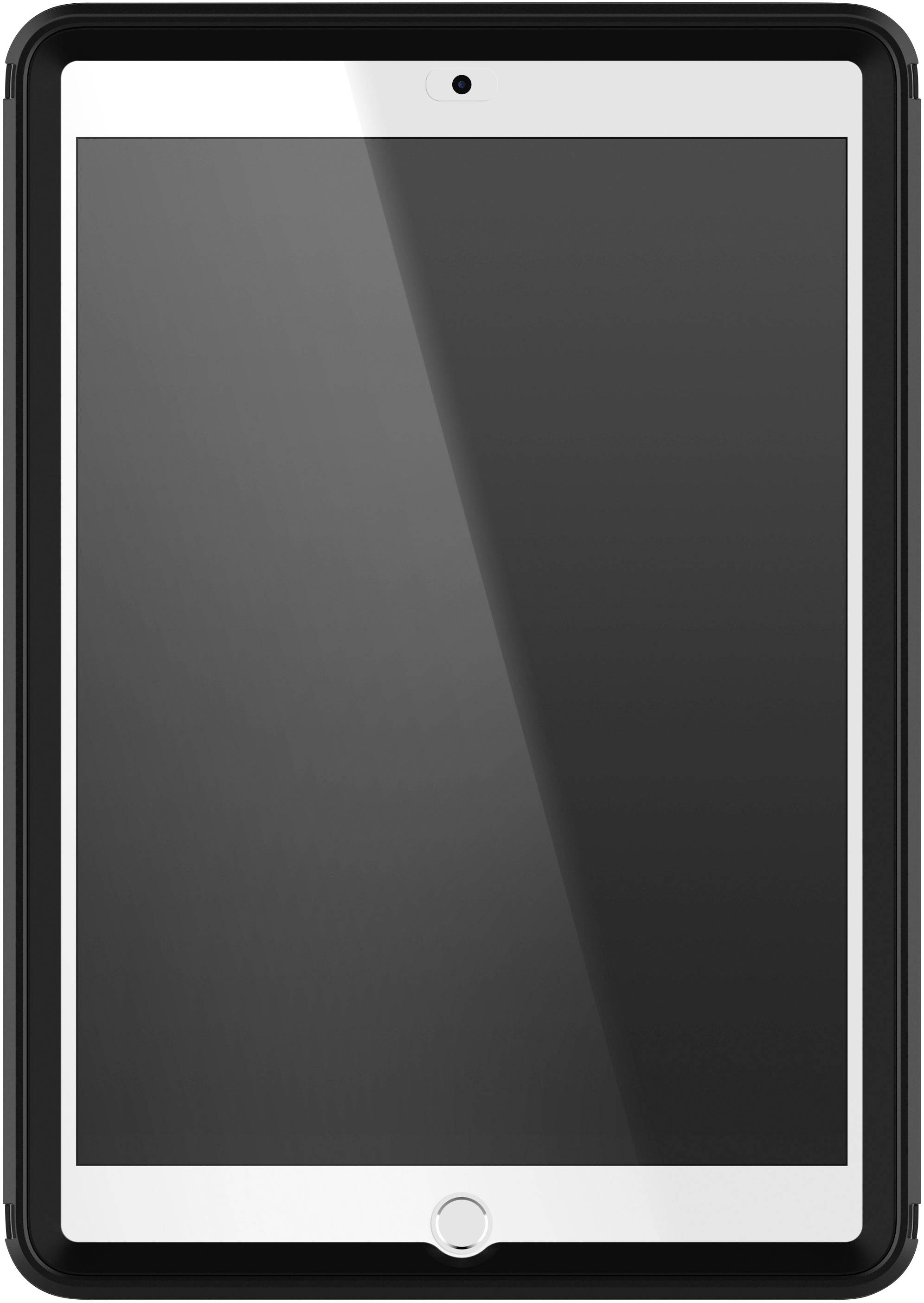 A tablet with a black frame and screen, viewed from the front.