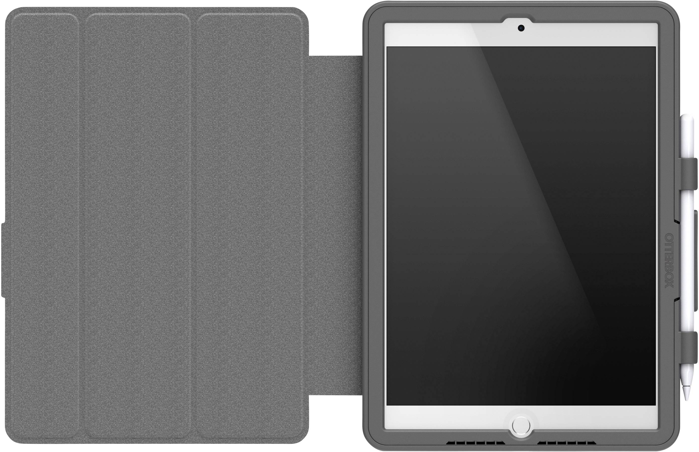 A grey tablet case with a stylus holder. The case is open, revealing the tablet's screen.