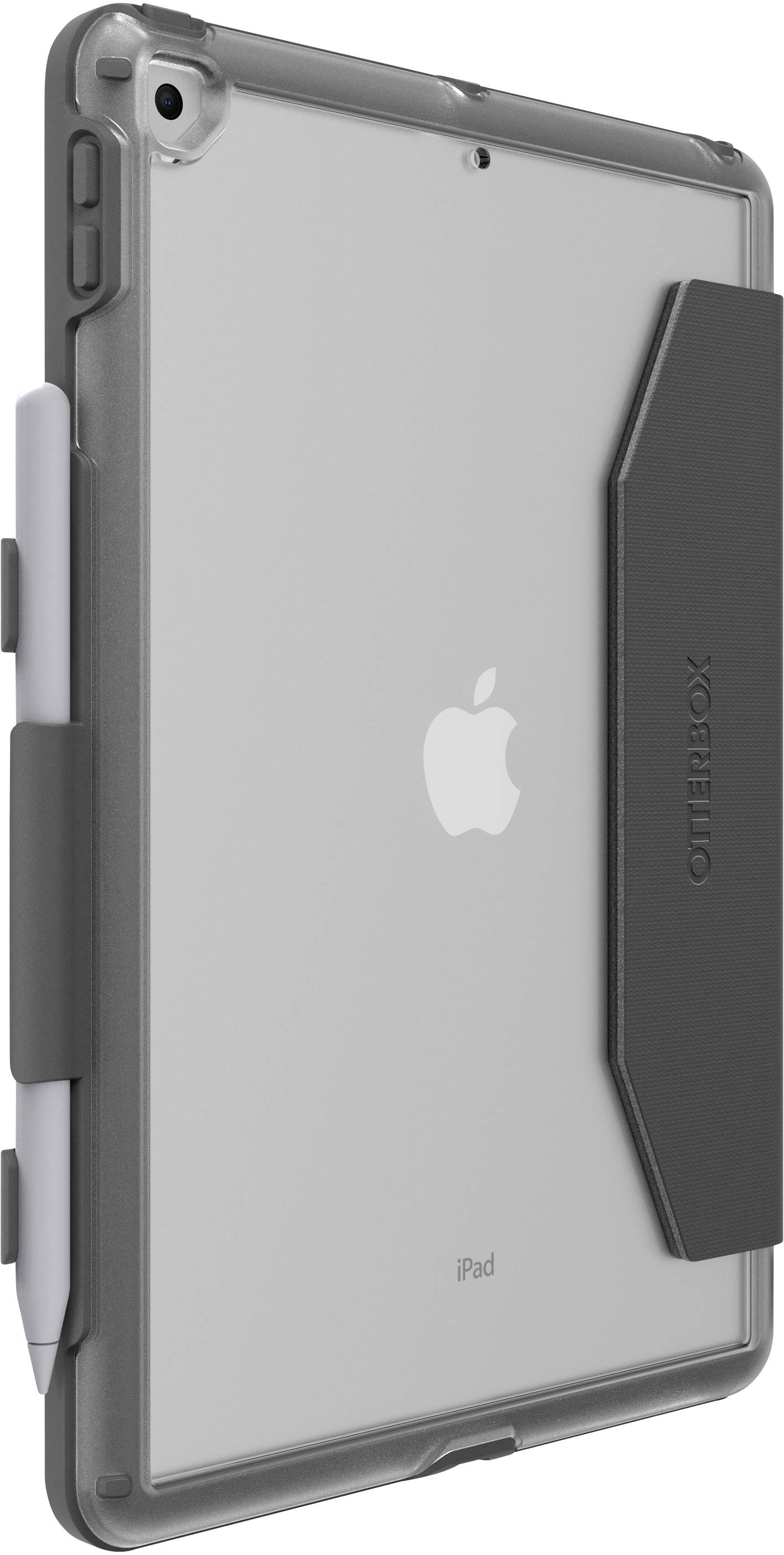 Protective case for a tablet with a stylus holder, 'Otterbox' brand name visible, provides protection and functionality for everyday use.