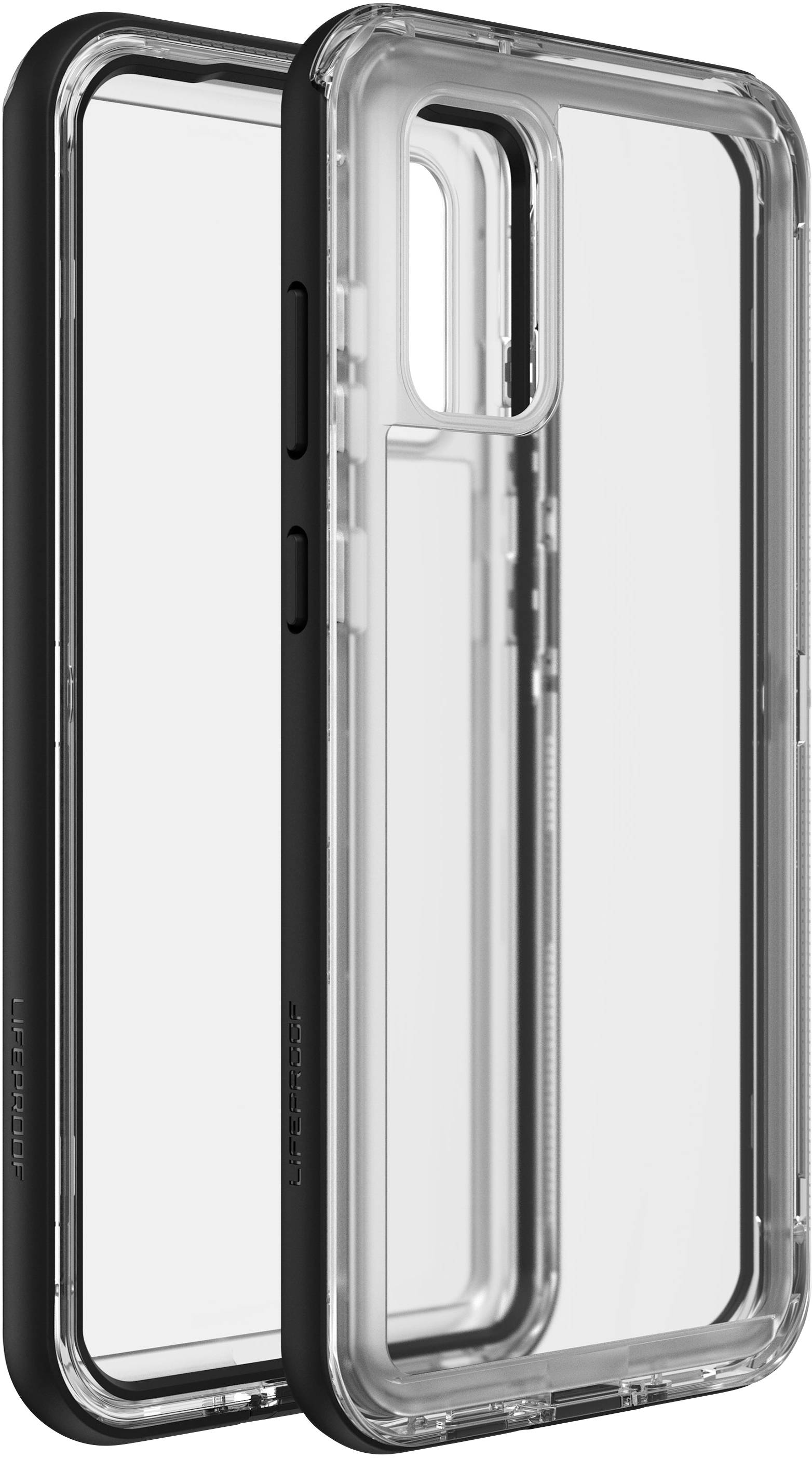 Two transparent mobile phone cases with black edging, standing upright, displaying the side view and internal structures.