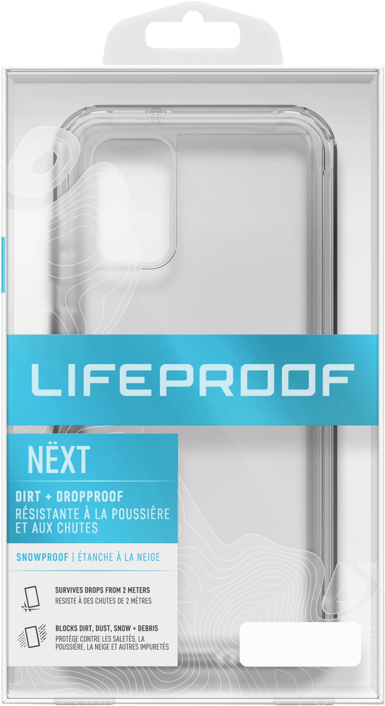 A transparent mobile phone case in packaging printed with 'LIFEPROOF NËXT', protects against dirt, drops and snow.