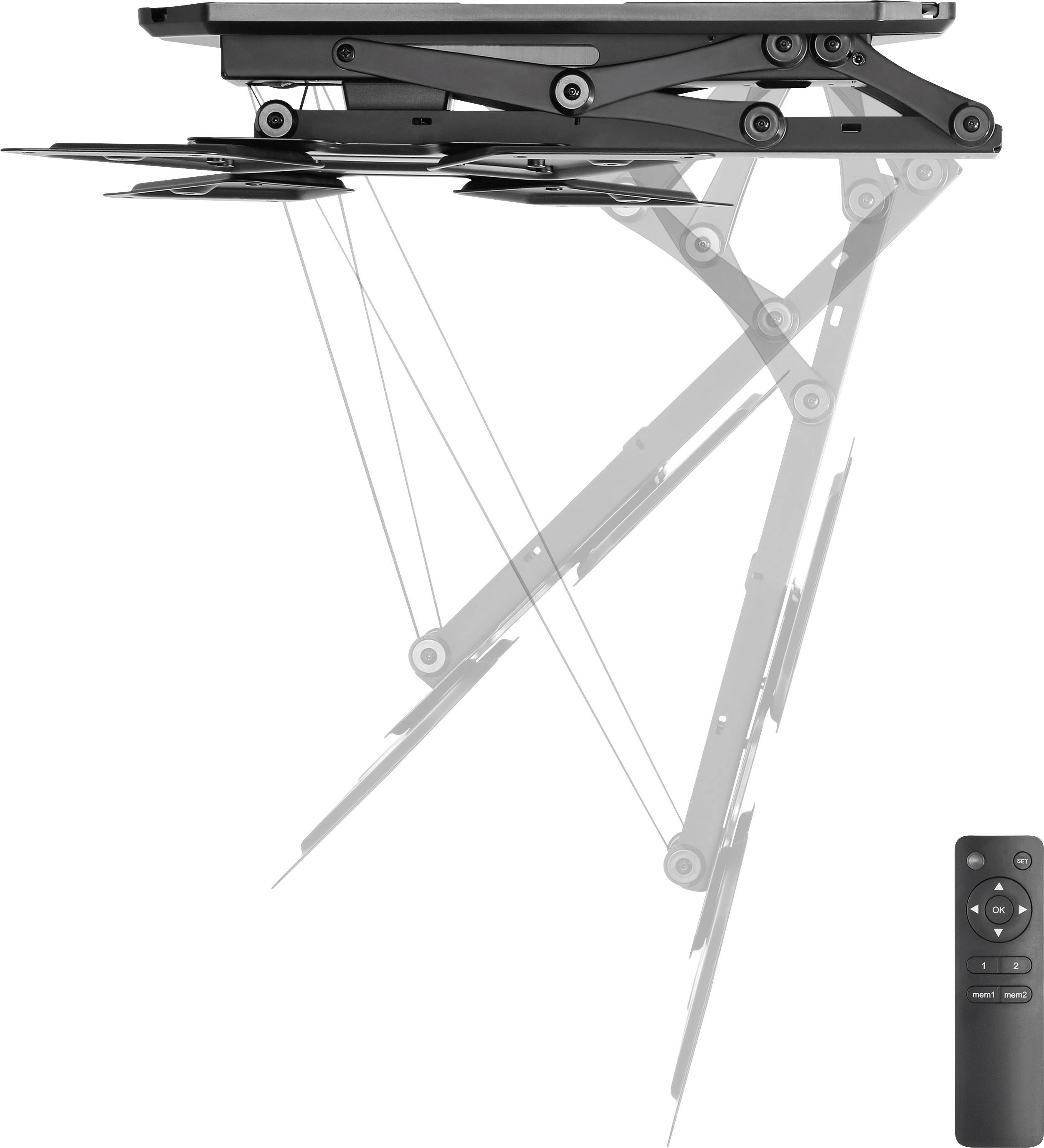 Ceiling-mounted lift with remote control; demonstrates mechanism for raising devices.