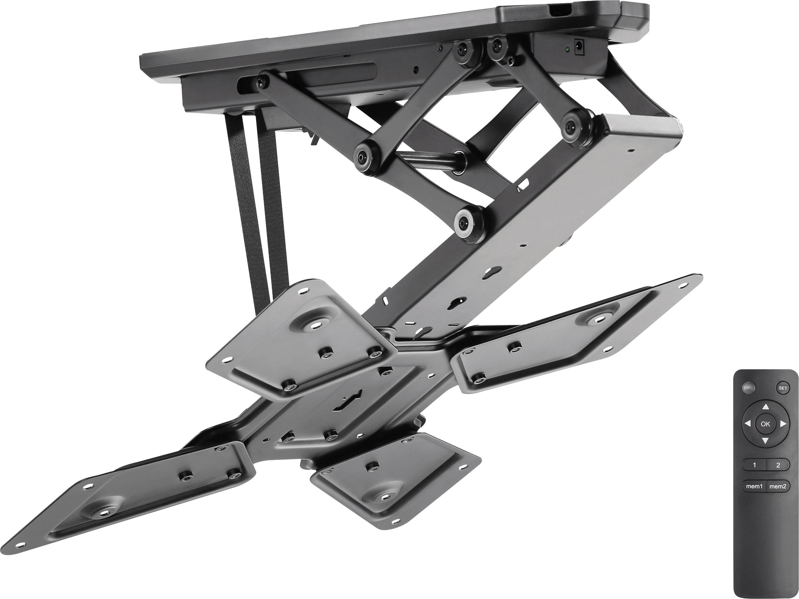 Ceiling-mounted TV bracket with remote control, showing an adjustable metal mounting mechanism. Remote control features 'Power' and 'Mode' buttons.