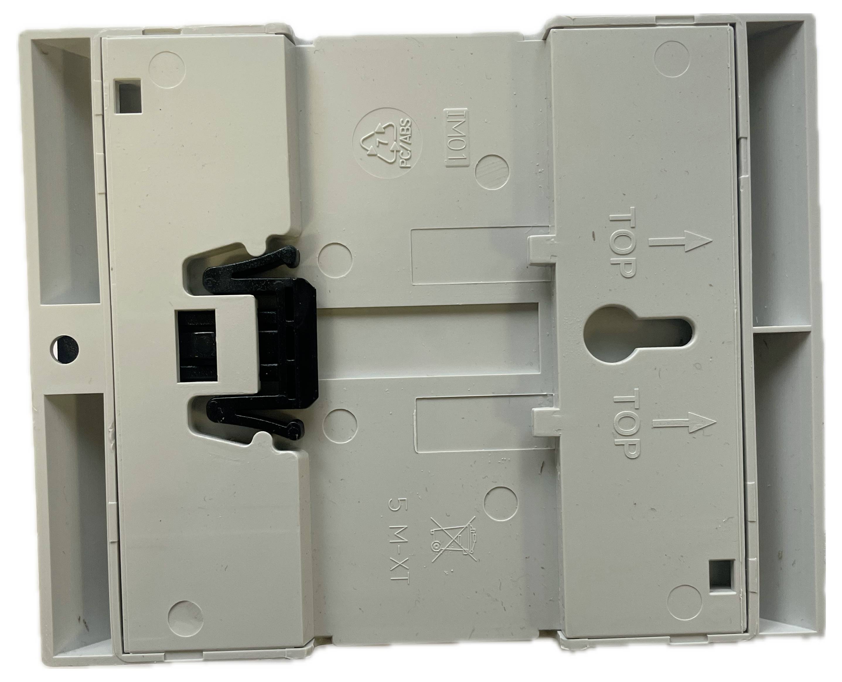A white plastic mounting bracket with various openings and markings such as 'TOP', suitable for wall mounting.