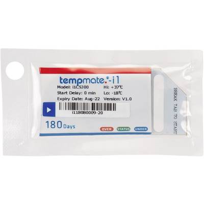 Small device for temperature monitoring, model 'tempmate. i1', shows temperature range from +37°C to -18°C, expiry date Aug. 22.