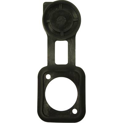 Black, rectangular plastic cap with a rounded section at the top, most likely used to protect a connection or switch.