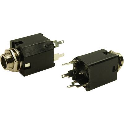 Two black jack sockets with metal threading and multiple connections, shown from various angles.